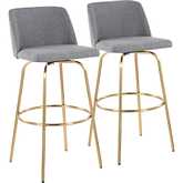 Toriano 30" Swivel Bar Stool in Grey Fabric & Gold with Round Footrest (Set of 2)
